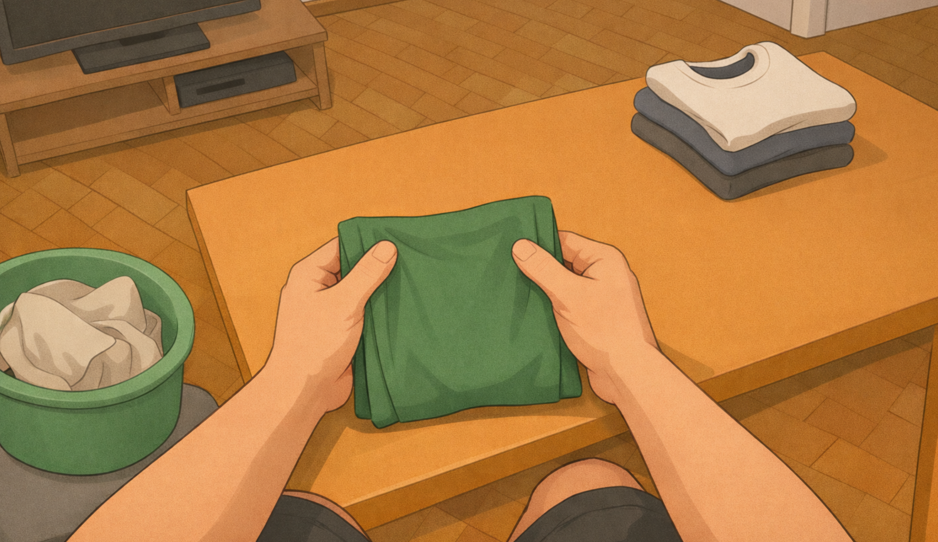 First-person example, folding laundry